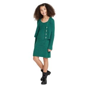 Art Class Girls Green Fuzzy Sweater Dress & Cardigan Set Large 10/12